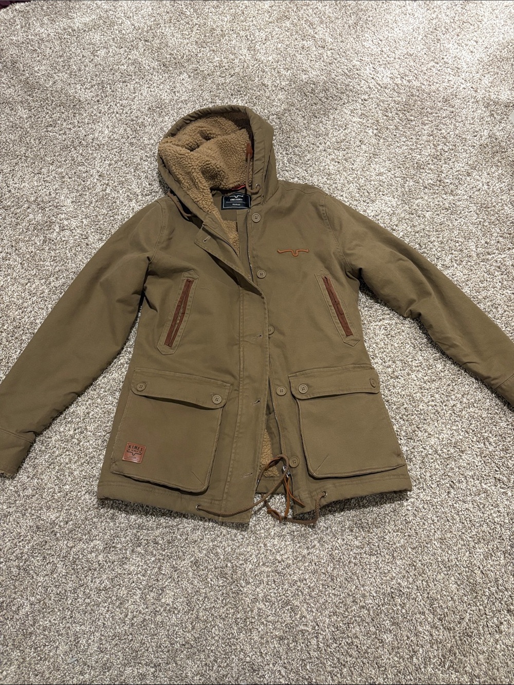 Women’s Kimes Ranch Tan Hooded Jacket with Sherpa Lining. Longer length. WARM